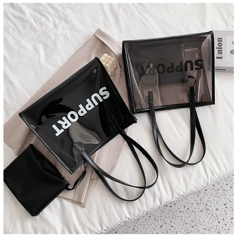 Fashion Women Jelly Clear Transparent Handbag Large Capacity Tote Shoulder Bags Underarm Bag Zipper Pouch Composite Bags