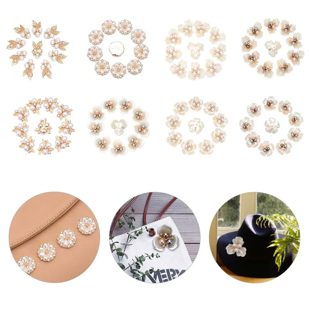 10PCS Pearl Flower Rhinestone Buttons Sparkling Crystal Hairpins Decoration Clothes Sewing Accessories