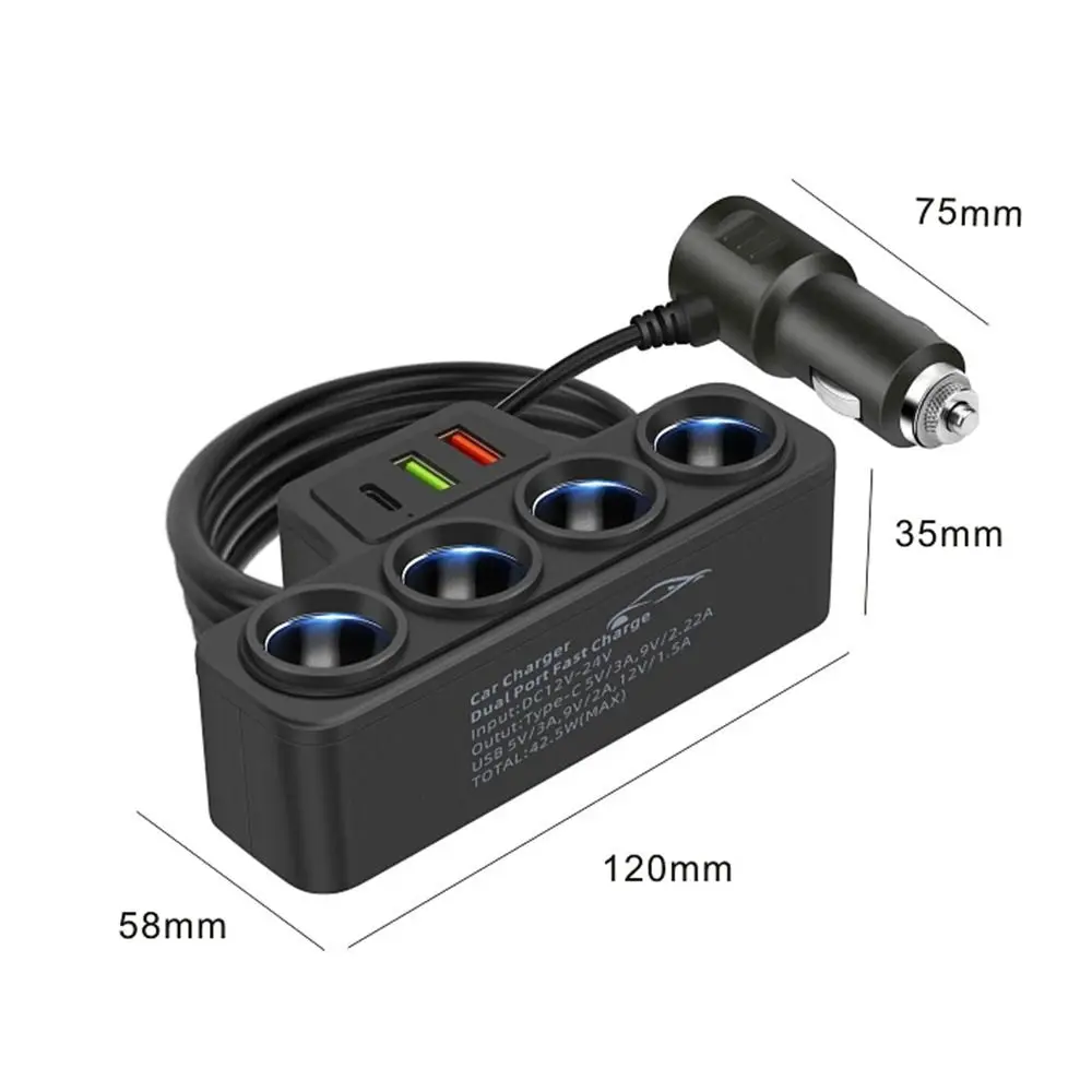 12V/24V Car Cigarette Lighter Adapter New 4-Socket 120W 4 Way Cigarette Lighter Adapter Port USB Port Socket Splitte Car