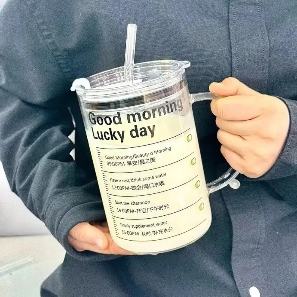 INS Style Straw Glass Cup with Handle with Lid Scale Water Cup Glass 1000ml Large Capacity Juice Milk Bottle Home Office