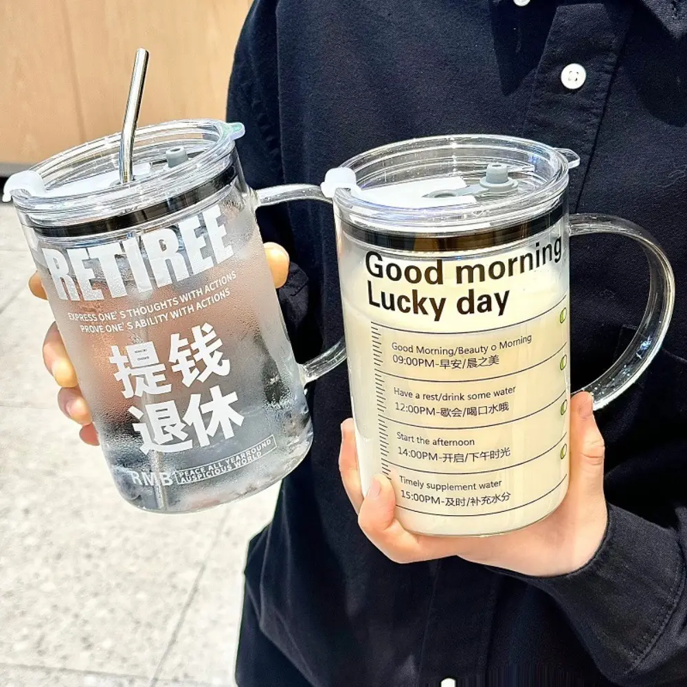 INS Style Straw Glass Cup with Handle with Lid Scale Water Cup Glass 1000ml Large Capacity Juice Milk Bottle Home Office