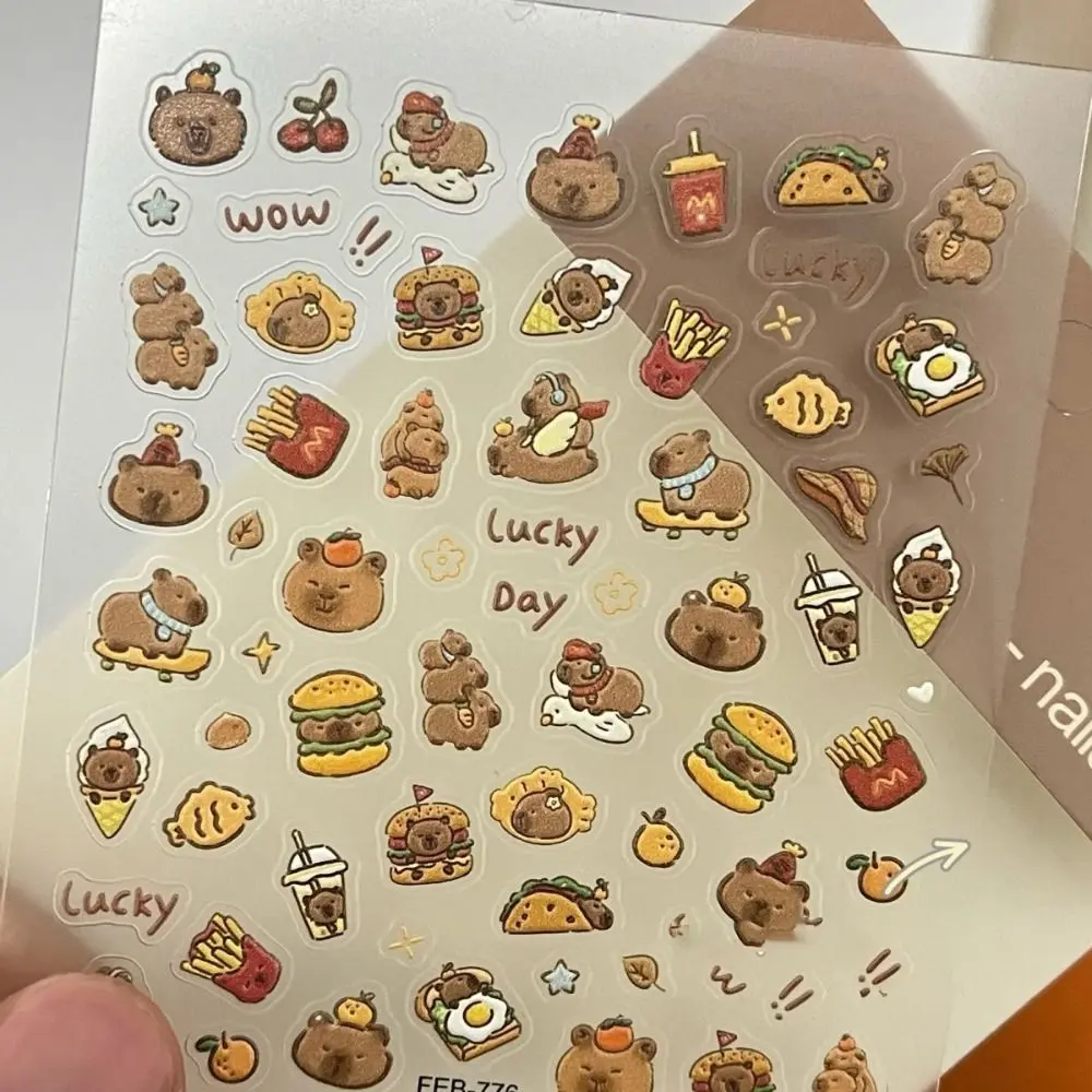 1/10pcs Cute Cartoon Capybara Nail Sticker Brown Capibala Self Adhesive Decal Nail Art Sticker Soft Embossed Nail Art Decoration