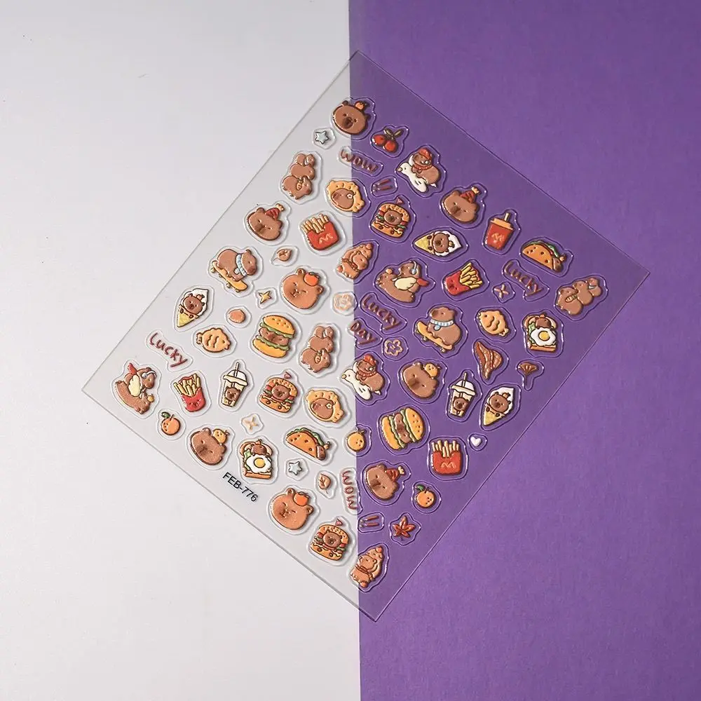 1/10pcs Cute Cartoon Capybara Nail Sticker Brown Capibala Self Adhesive Decal Nail Art Sticker Soft Embossed Nail Art Decoration