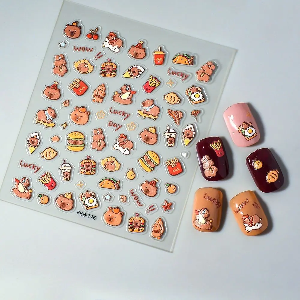 1/10pcs Cute Cartoon Capybara Nail Sticker Brown Capibala Self Adhesive Decal Nail Art Sticker Soft Embossed Nail Art Decoration