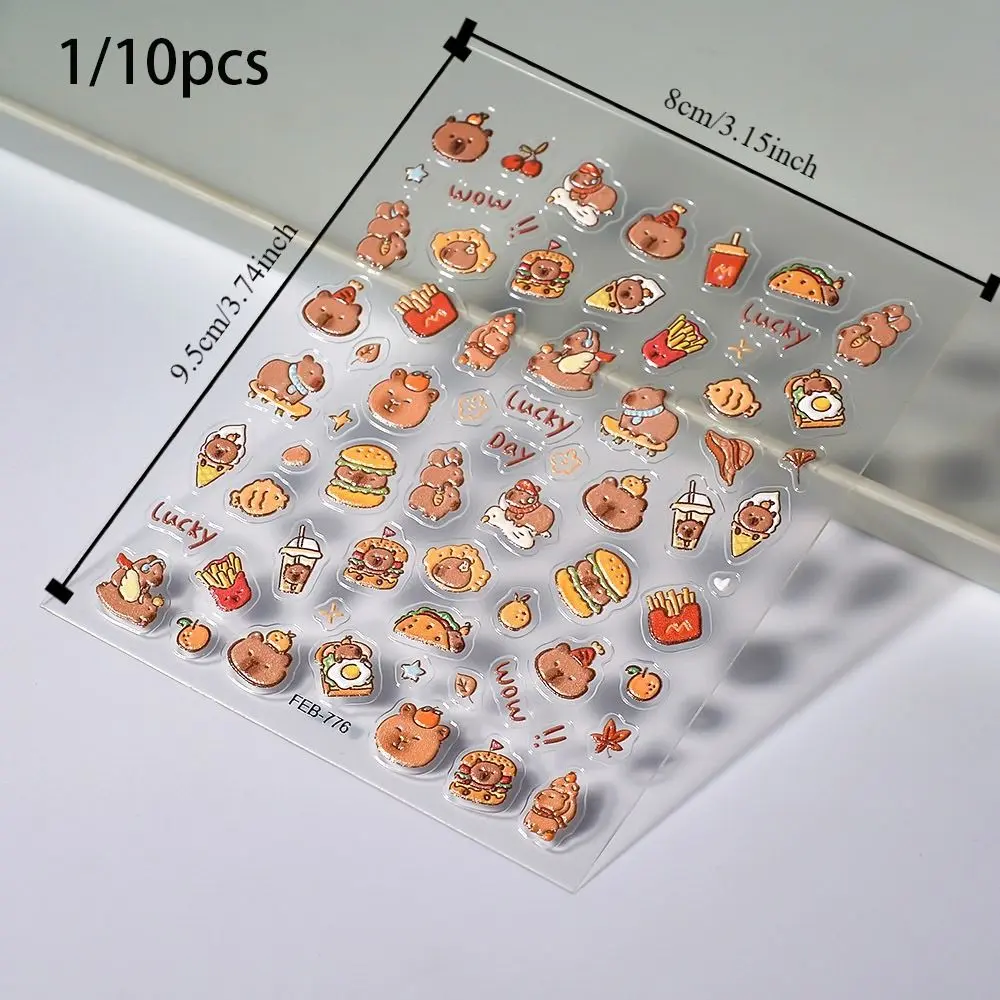 1/10pcs Cute Cartoon Capybara Nail Sticker Brown Capibala Self Adhesive Decal Nail Art Sticker Soft Embossed Nail Art Decoration