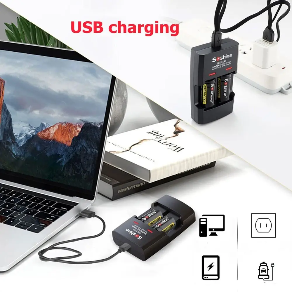 Battery Charger CR123/CR2 Charger for 16340 15266 14250 Charger 3.2V Dual-slot USB Charger