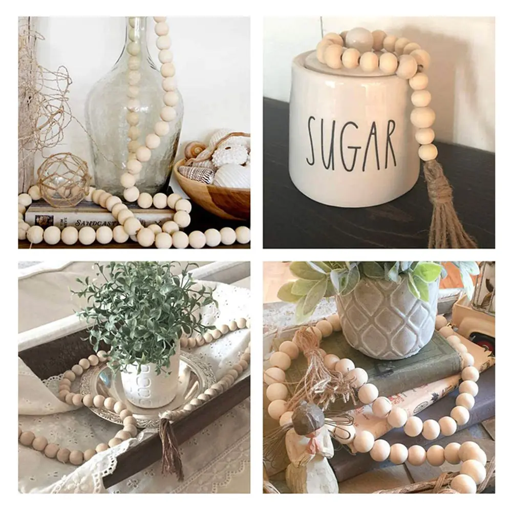 Boho Home Decor Ornament Handmade Garland Wood Bead Garland Tassels String Wall Hanging With Jute Rustic