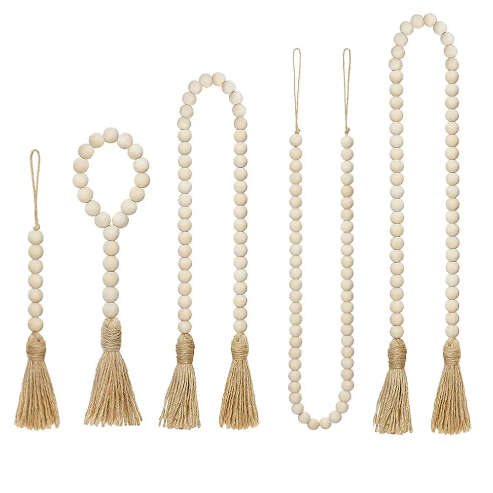 Boho Home Decor Ornament Handmade Garland Wood Bead Garland Tassels String Wall Hanging With Jute Rustic