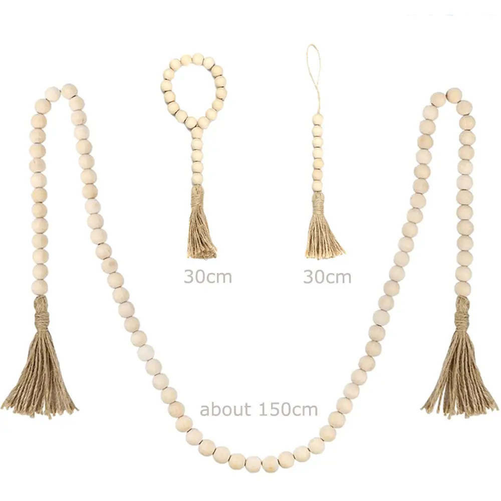 Boho Home Decor Ornament Handmade Garland Wood Bead Garland Tassels String Wall Hanging With Jute Rustic
