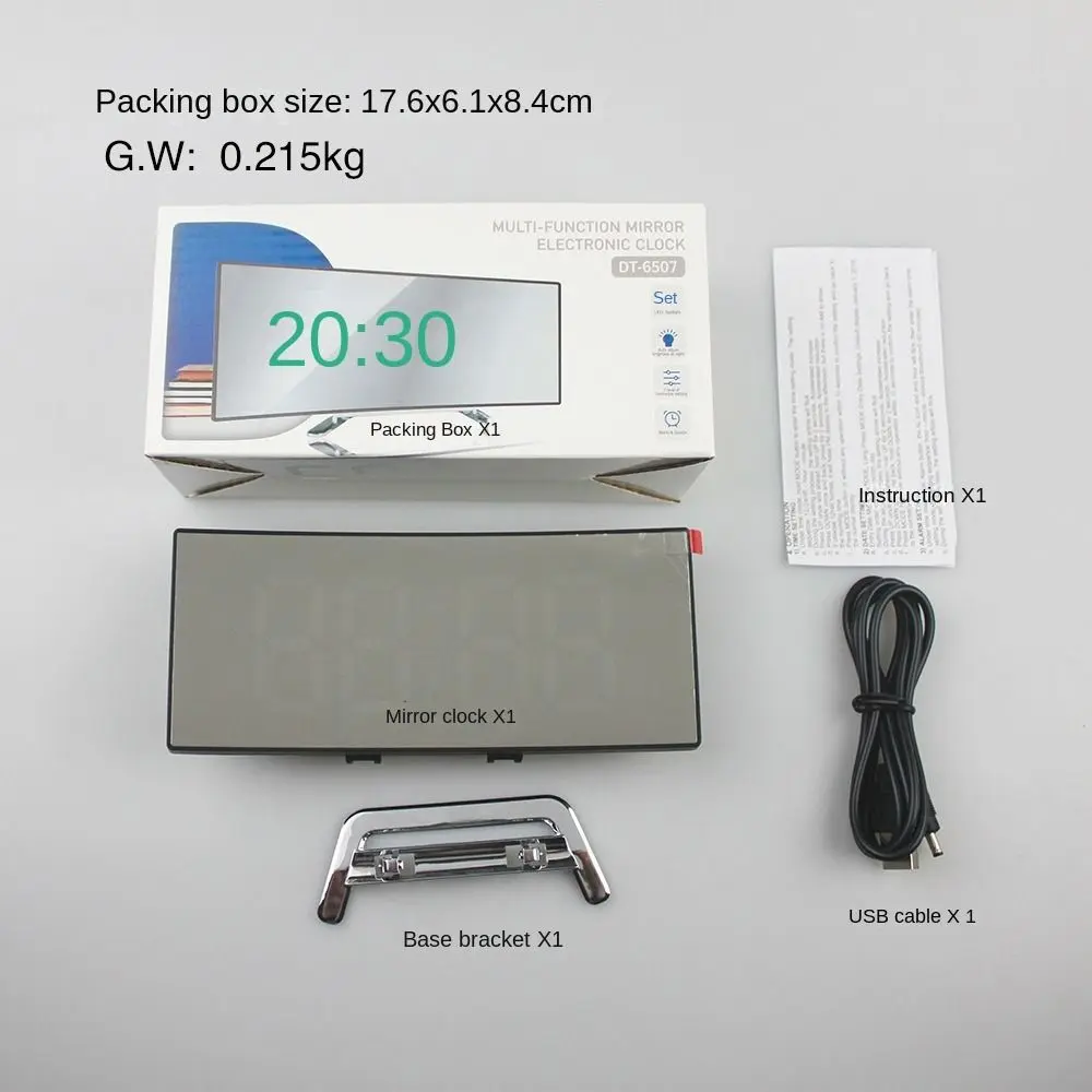 LED Digital Alarm Clock Mains Temperature Mirror Display Alarm Clock for Bedroom