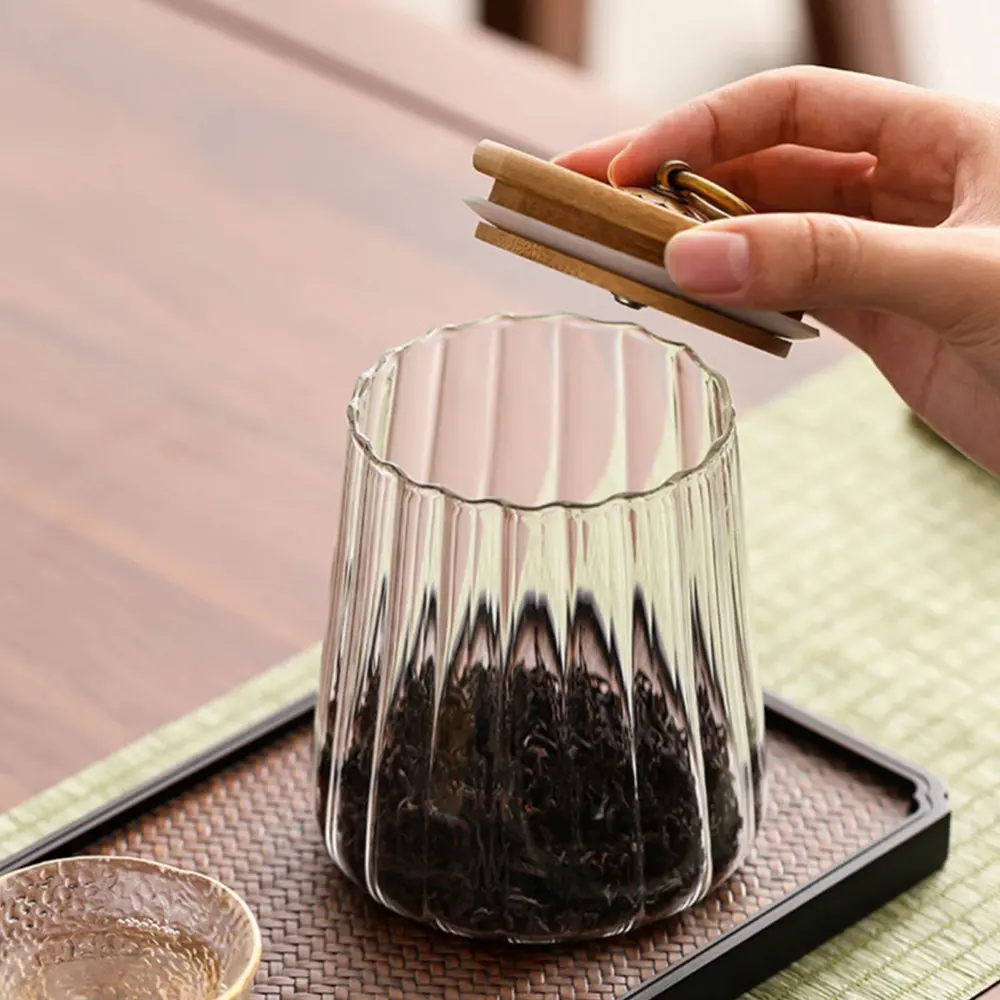 Food Container Kitchen Storage Bottles Jar Glass Airtight Canister Grains Tea Coffee Beans Grains Candy Jars Wood Lid Containers