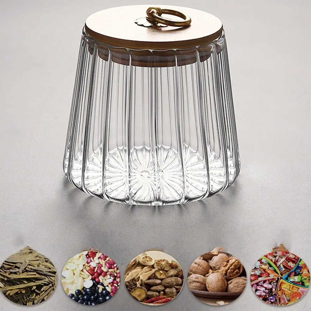 Food Container Kitchen Storage Bottles Jar Glass Airtight Canister Grains Tea Coffee Beans Grains Candy Jars Wood Lid Containers