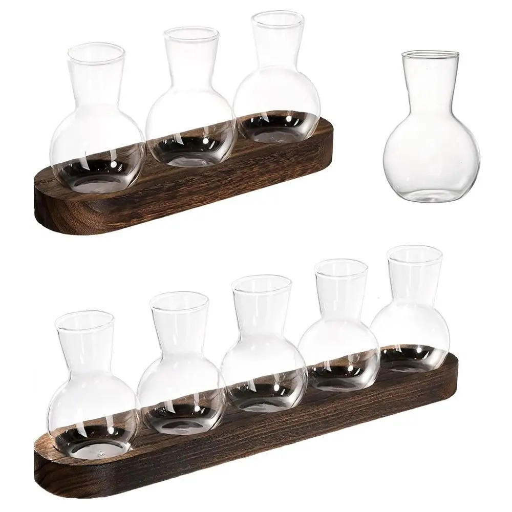 Plant Terrarium Propagation Station, Glass Planter Bulb Vase With Wooden Tray, Modern Bud Vases for Living Room Office Decor