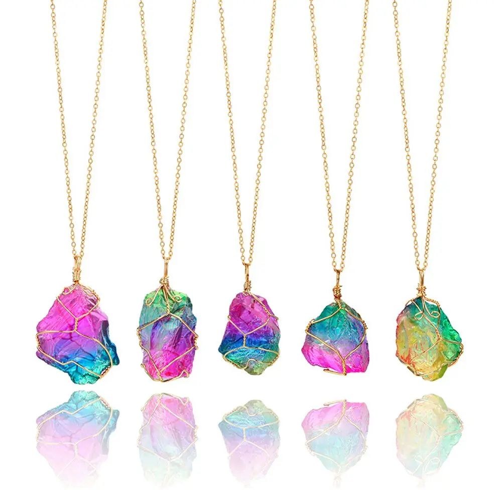 Rainbow Stone Natural Crystal Chakra Rock Necklace Gold Plated Quartz Pendant