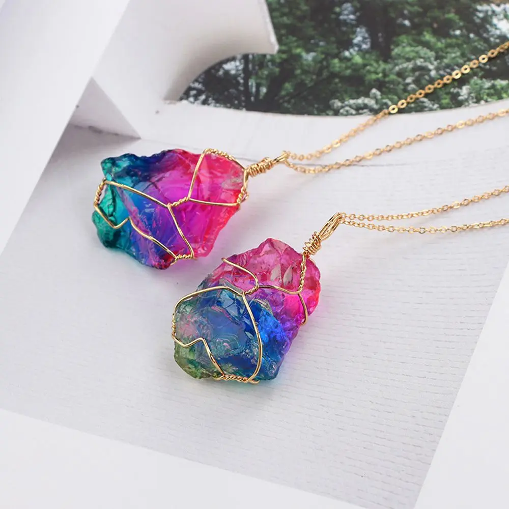 Rainbow Stone Natural Crystal Chakra Rock Necklace Gold Plated Quartz Pendant