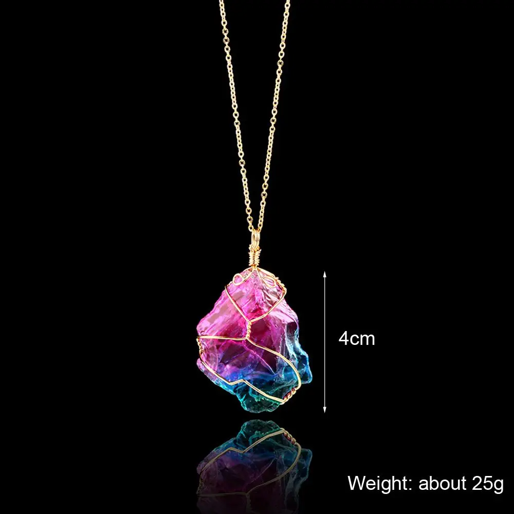 Rainbow Stone Natural Crystal Chakra Rock Necklace Gold Plated Quartz Pendant