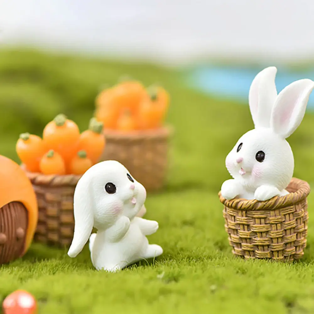 Micro Landscape Bonsai Ornament Cartoon Carrot House Mini Animal Statue Miniature Rabbit Figurine Resin Bunny Basket
