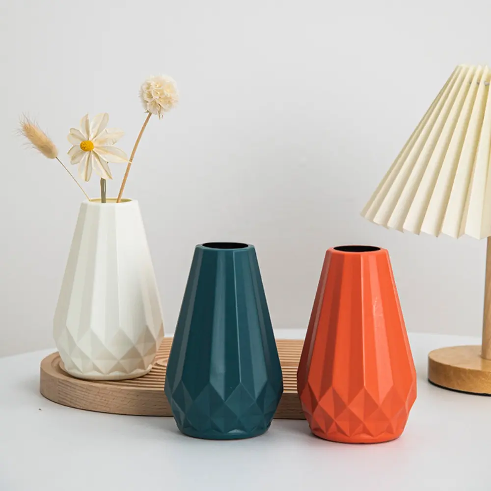 Plastic Flower Vase New Diamond Shaped Nordic Style Flower Pot Imitation Ceramic Modern Flower Arrangement Living Room