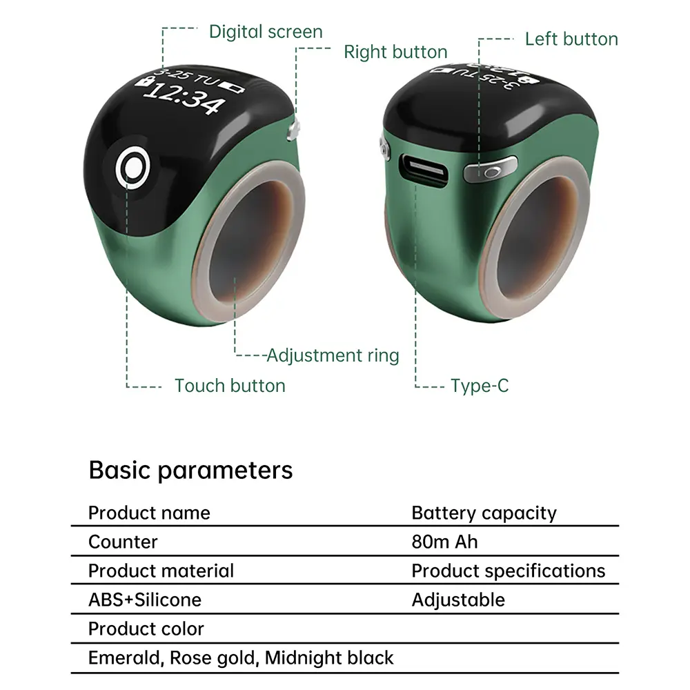 Smart APP Counting Finger Counter Ring 5 Prayer Time Vibration Reminder Waterproof Tasbih Tally Digital Counter