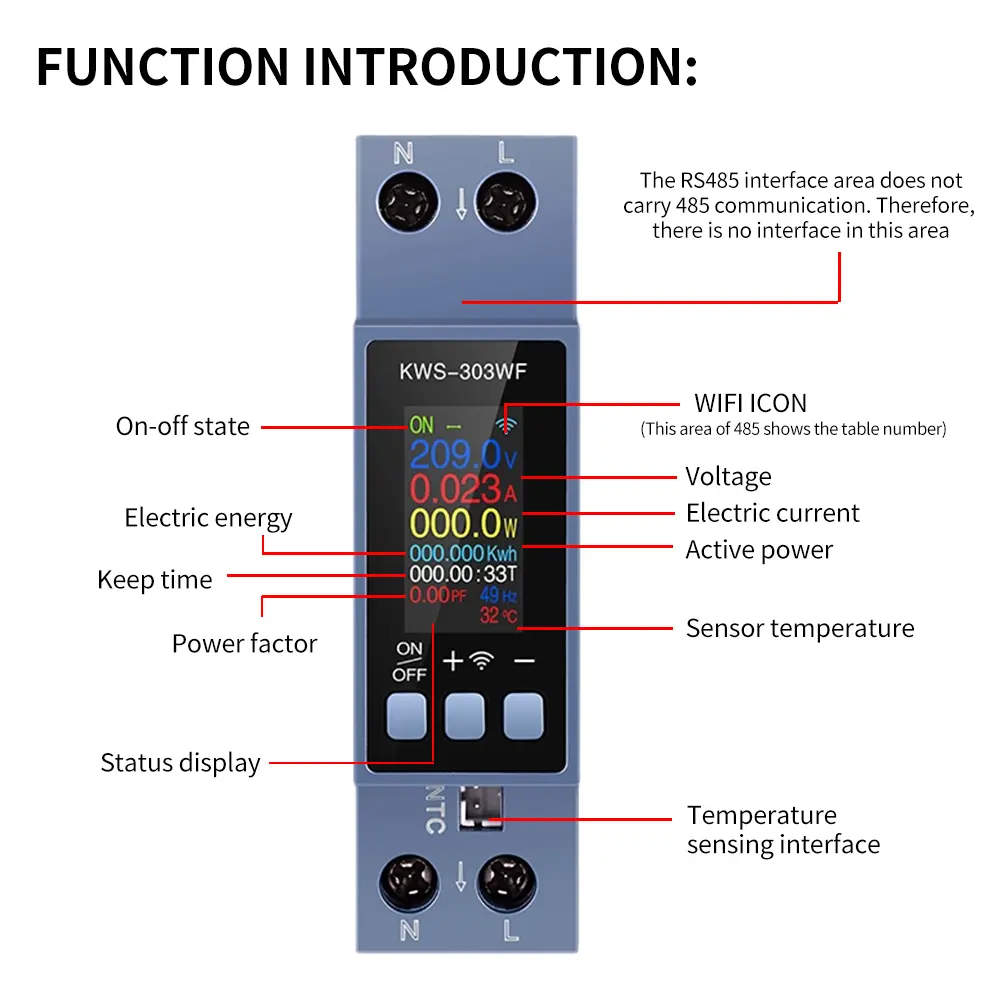 KWS-303WF 0.96Inch TFT Color Screen Two-phase Multi-function AC Voltage Current Power Meter AC 85~290V 0~40A Support APP Control