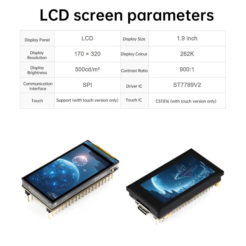 Esp32-S3 1.9-Inch Capacitive Touch Display IPS Screen Development Board 170 × 320 Dual Core Processor Type-C