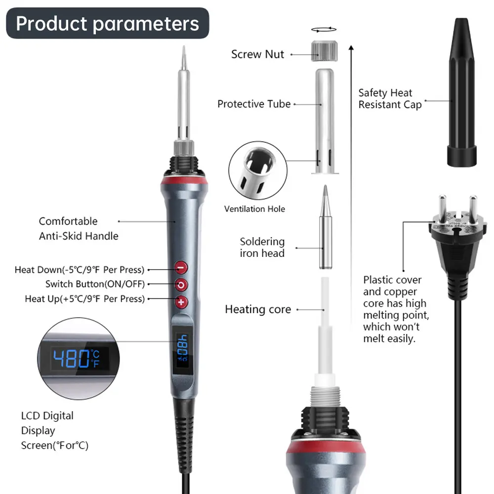 AC110V/220V 90W Electric Soldering Iron PID Temperature Control 15min Automatic Sleep 180-480℃ Digital Display US/EU Plug