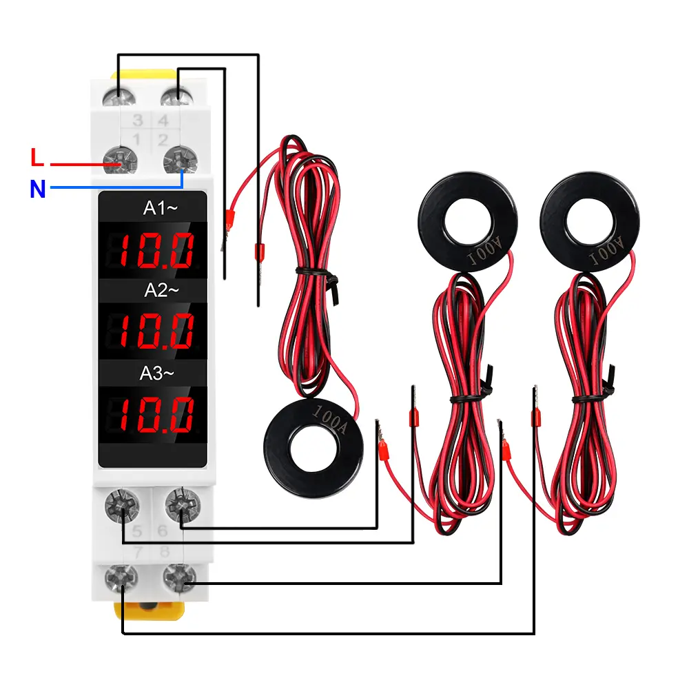 SDM010A 35mm Din AC 80-500V Rail Type Three-phase Ammeter LED Digital Display Amperemeter 1-100A