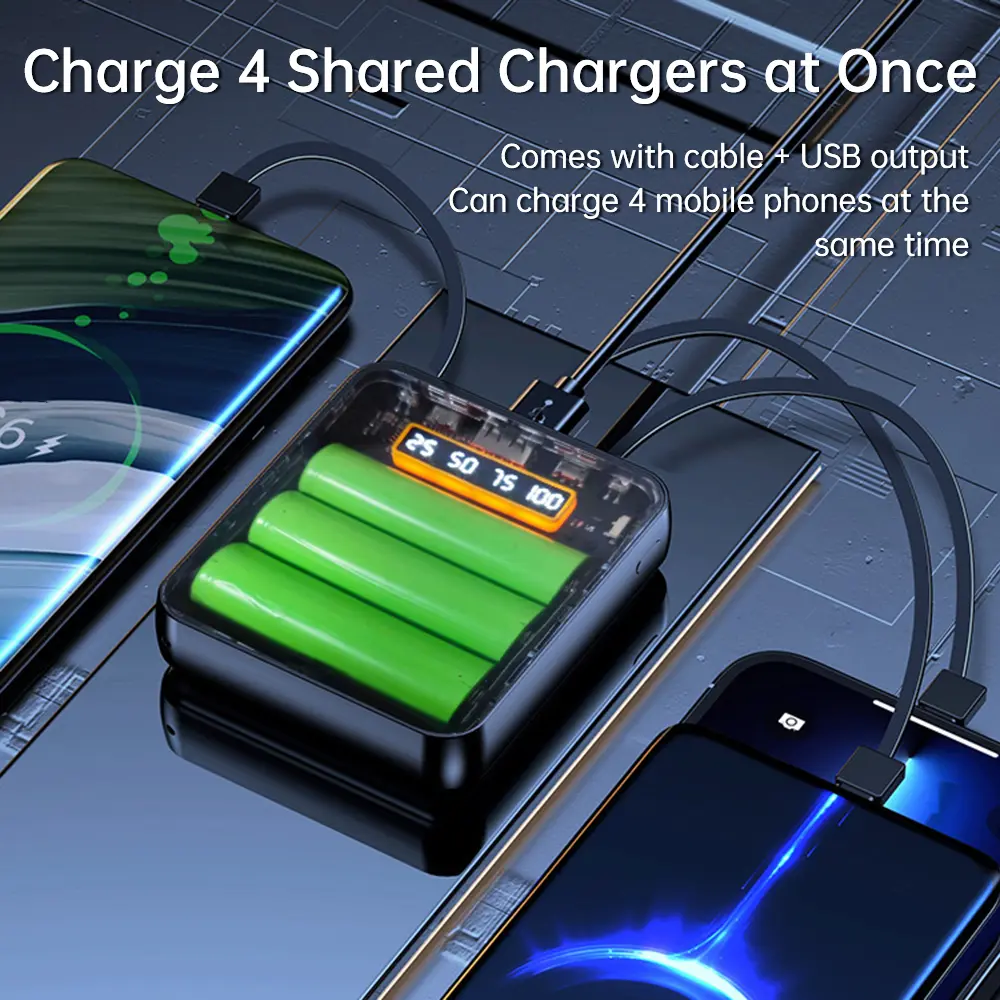 3*18650 Power Bank Diy Box Digital Display 4 Detachable Charge Cables 5V 2A Charging 2 LED Beads Portable Power Supply