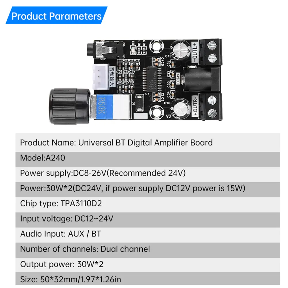 XH-A240 DC8-26V Universal HD Small Digital Amplifier Board TPA3110D2 Audio Amplification Board Module 30W+30W