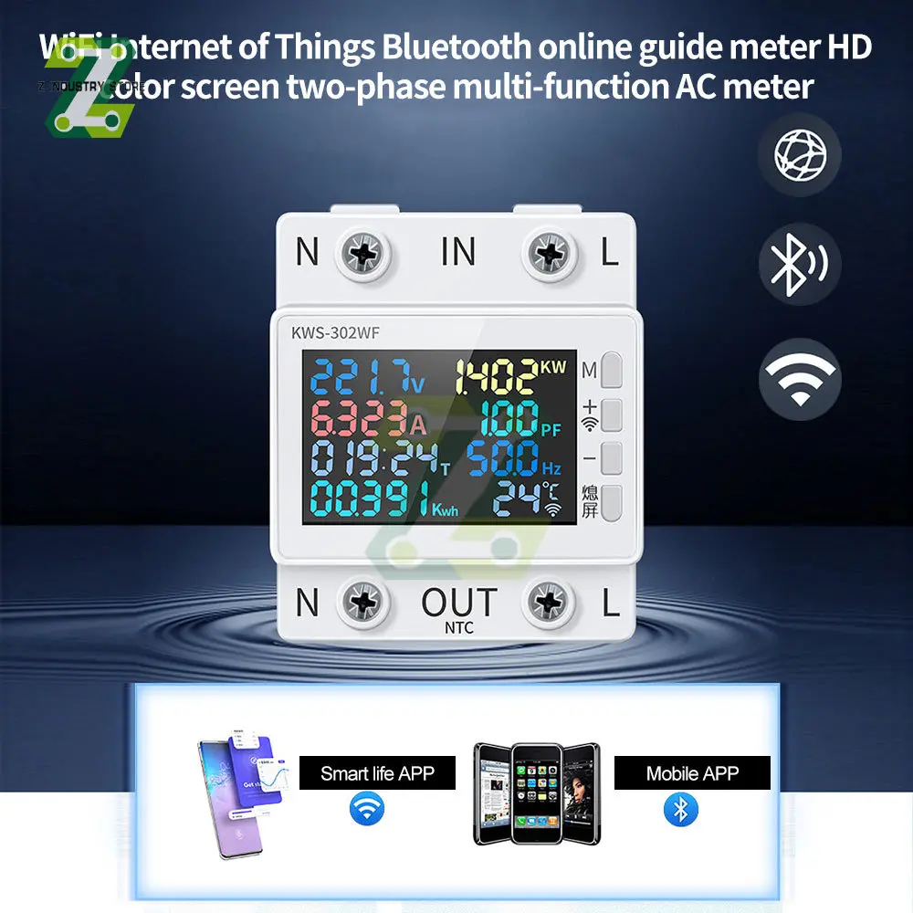 AC170-300V WIFI Din Rail Smart Digital Energy Meter Tester Electricity Usage Monitor Power Voltmeter Voltage Amps Watt Kwh Meter