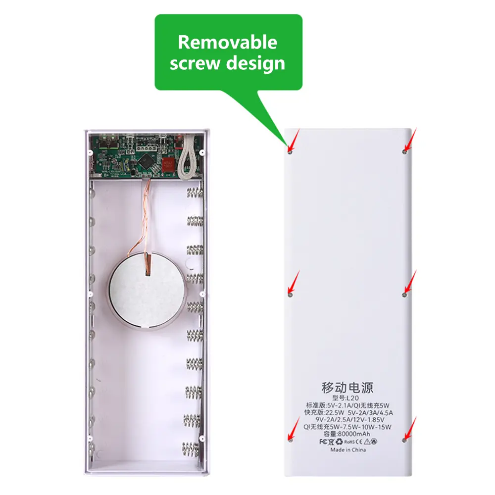 20*18650 Lithium Battery Case DIY Mobile Power Shell 22.5W Fast Charger 15W Wireless Charger LED Battery Indicator Flashlight