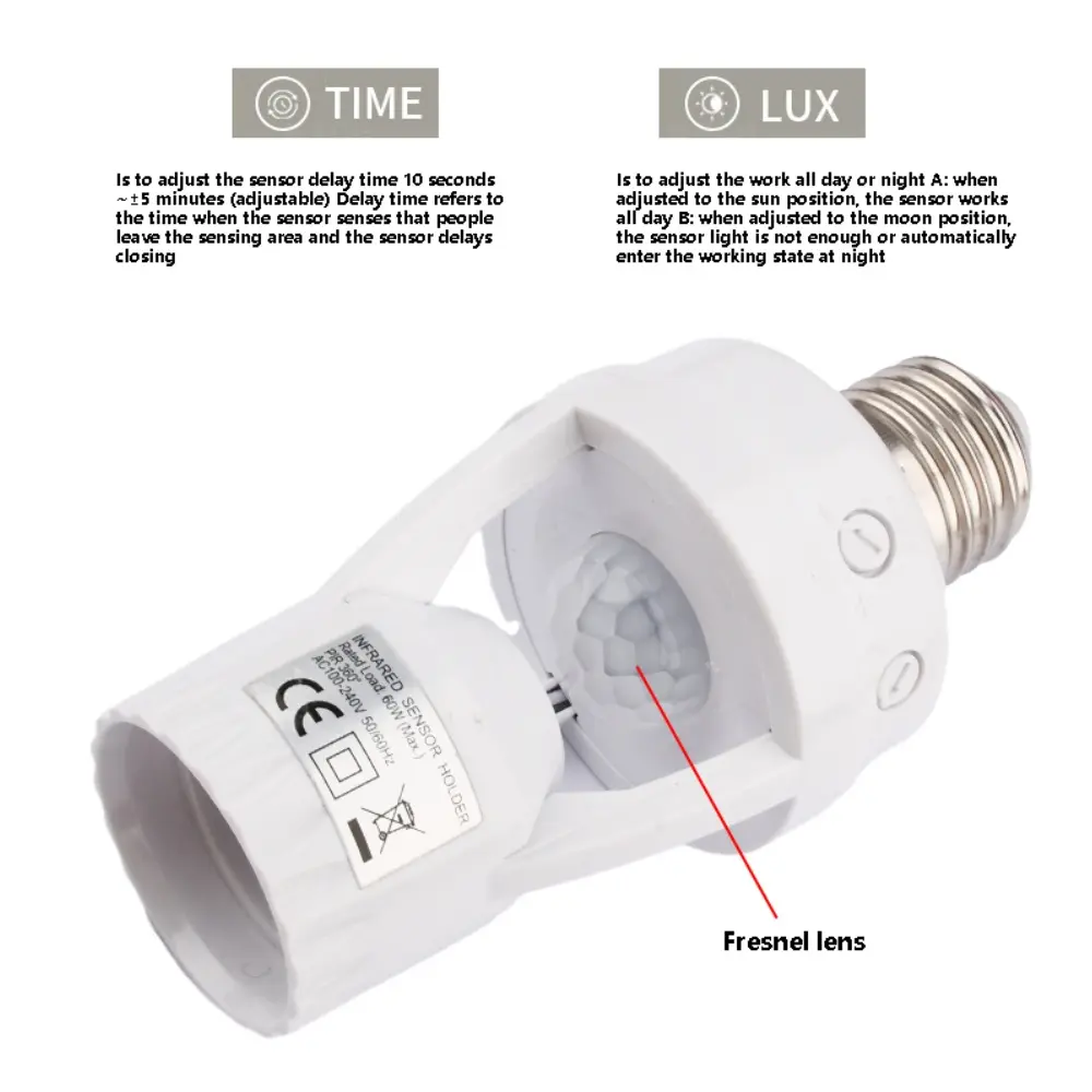 E27 Lamp Holder PIR Infrared Human Sensor Lamp Socket AC 100-240V E27 Screw Sensor Lamp Head Infrared Sensing Switch
