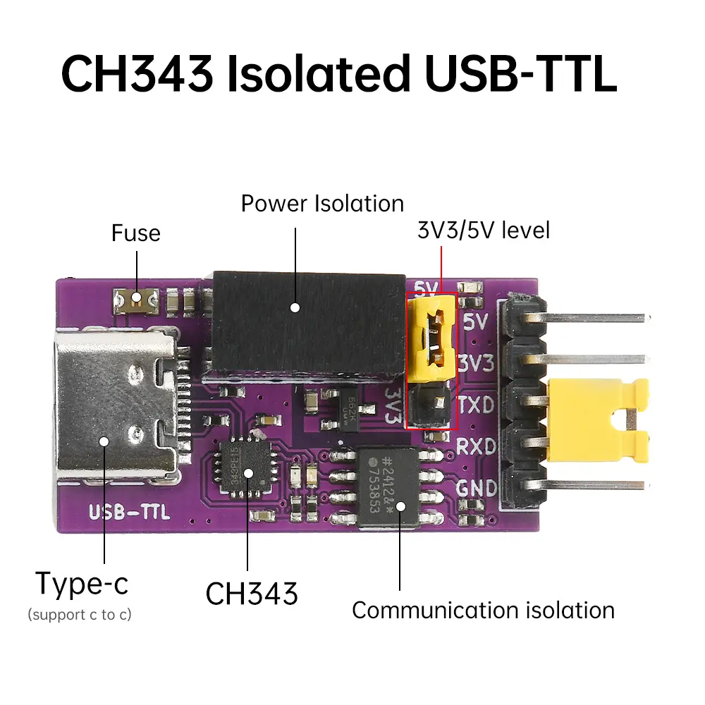 CH343 Isolated USB to TTL DC 3.3V/5V Serial Port Isolated Communication 6Mbps UART Downloader Module Type C Interface