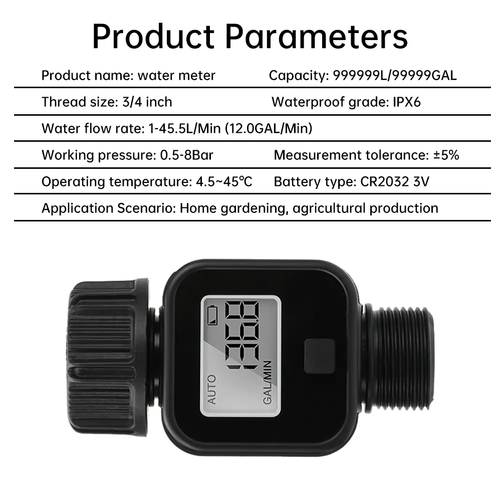 Digital Water Flow Meter Water Consumption and Flow Rate Meter for Outdoor Garden Watering Irrigation Hose
