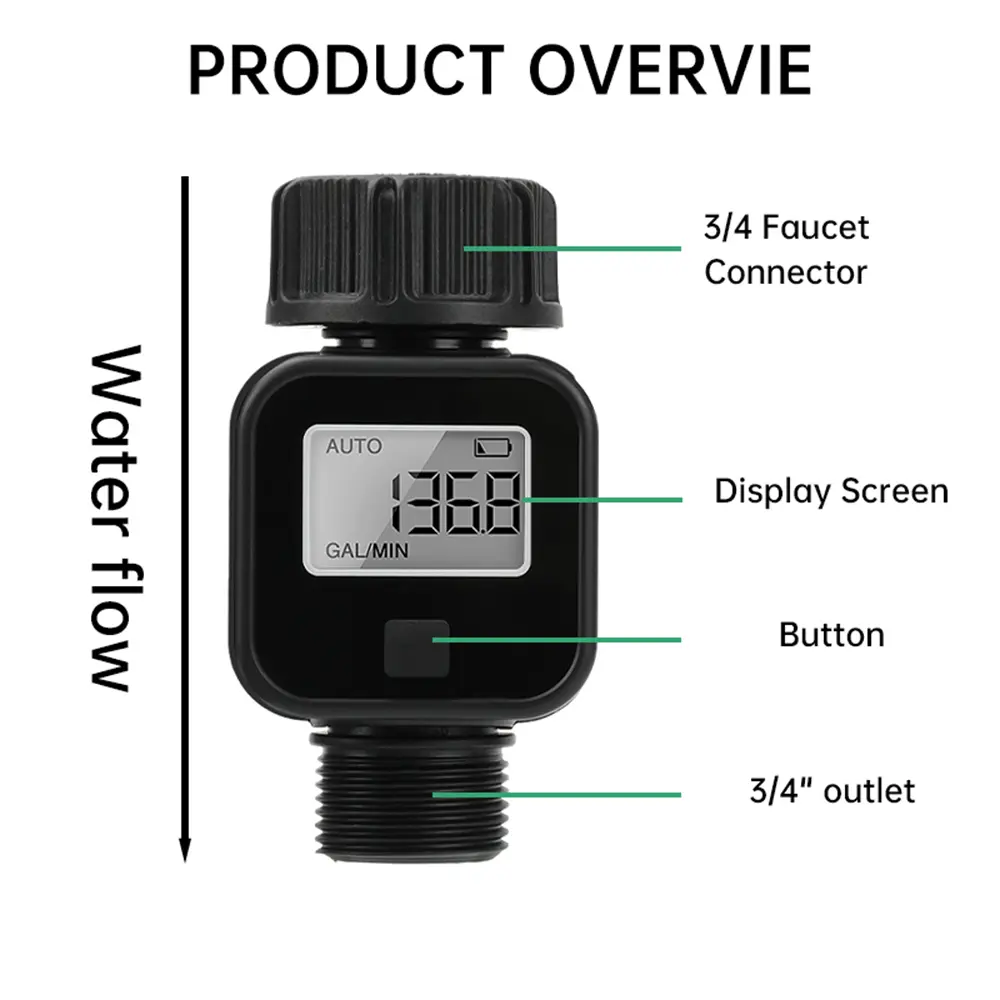 Digital Water Flow Meter Water Consumption and Flow Rate Meter for Outdoor Garden Watering Irrigation Hose