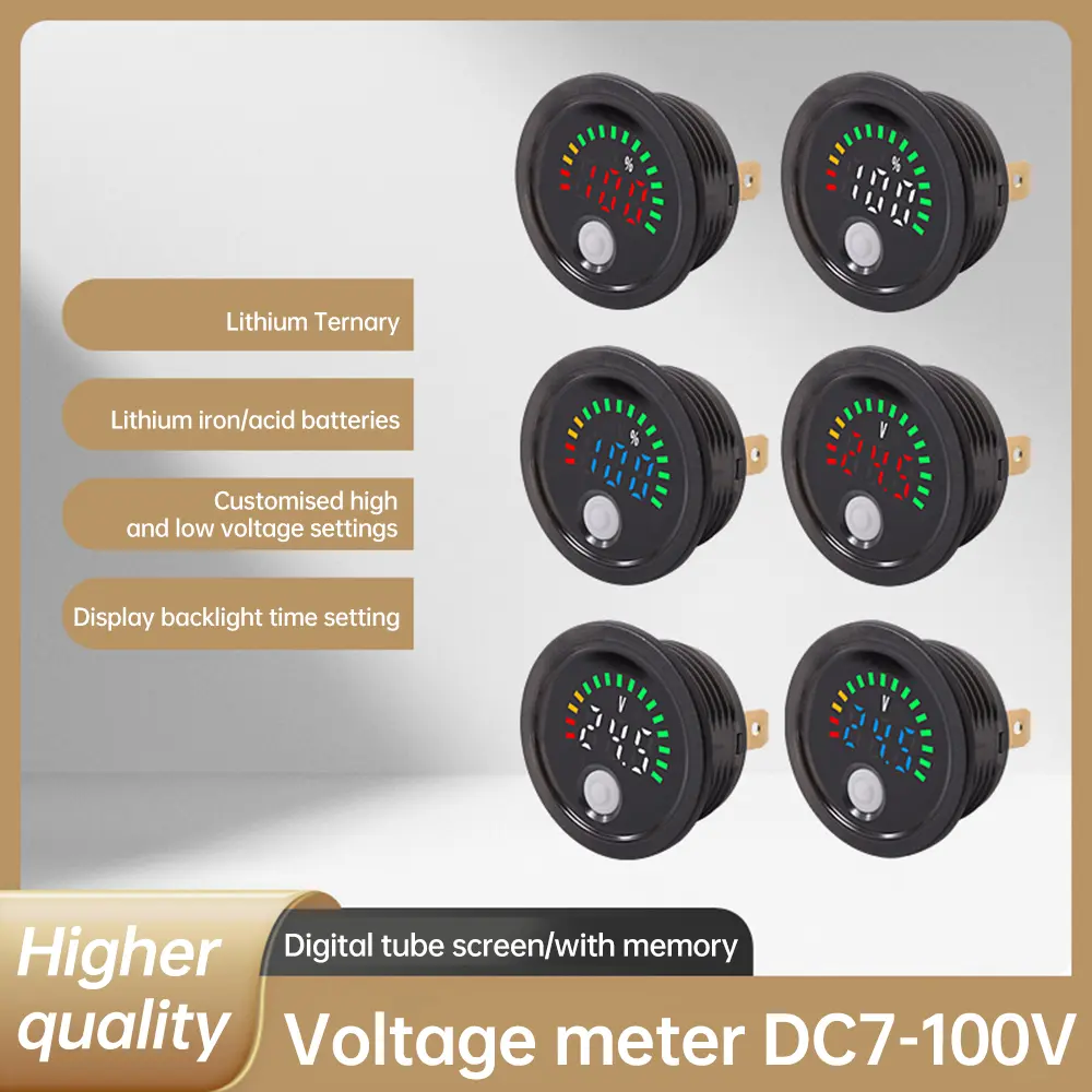 DC 7-100V Waterproof Round Digital Voltage Indicator Mini LED Digital Current Voltmeter with Anti-Reverse Connection Protection