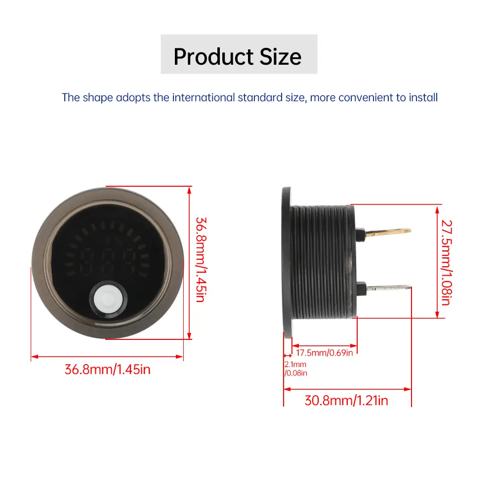 DC 7-100V Waterproof Round Digital Voltage Indicator Mini LED Digital Current Voltmeter with Anti-Reverse Connection Protection