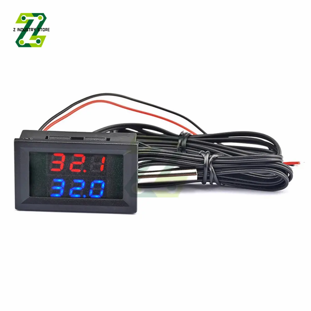 DC 4-28V LED Display Dual Red Blue Digital Temperature Sensor Thermometer With NTC Dual Probe Cable