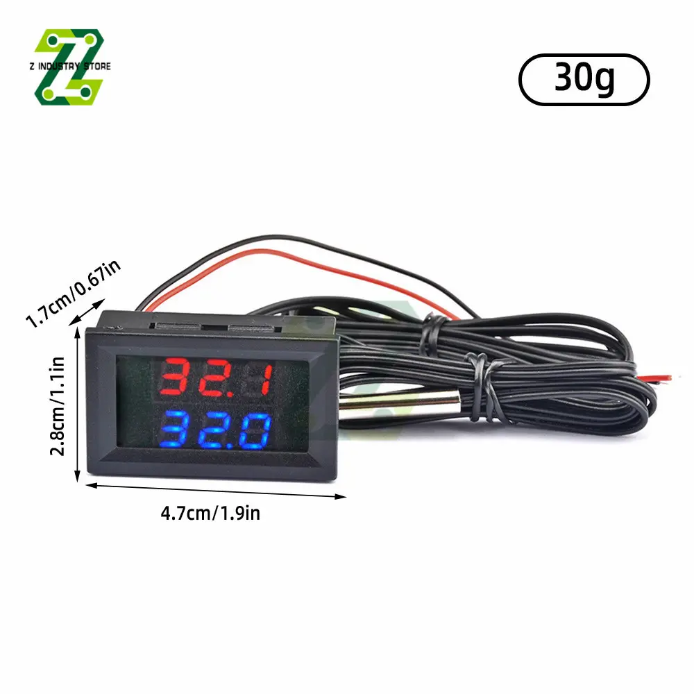 DC 4-28V LED Display Dual Red Blue Digital Temperature Sensor Thermometer With NTC Dual Probe Cable