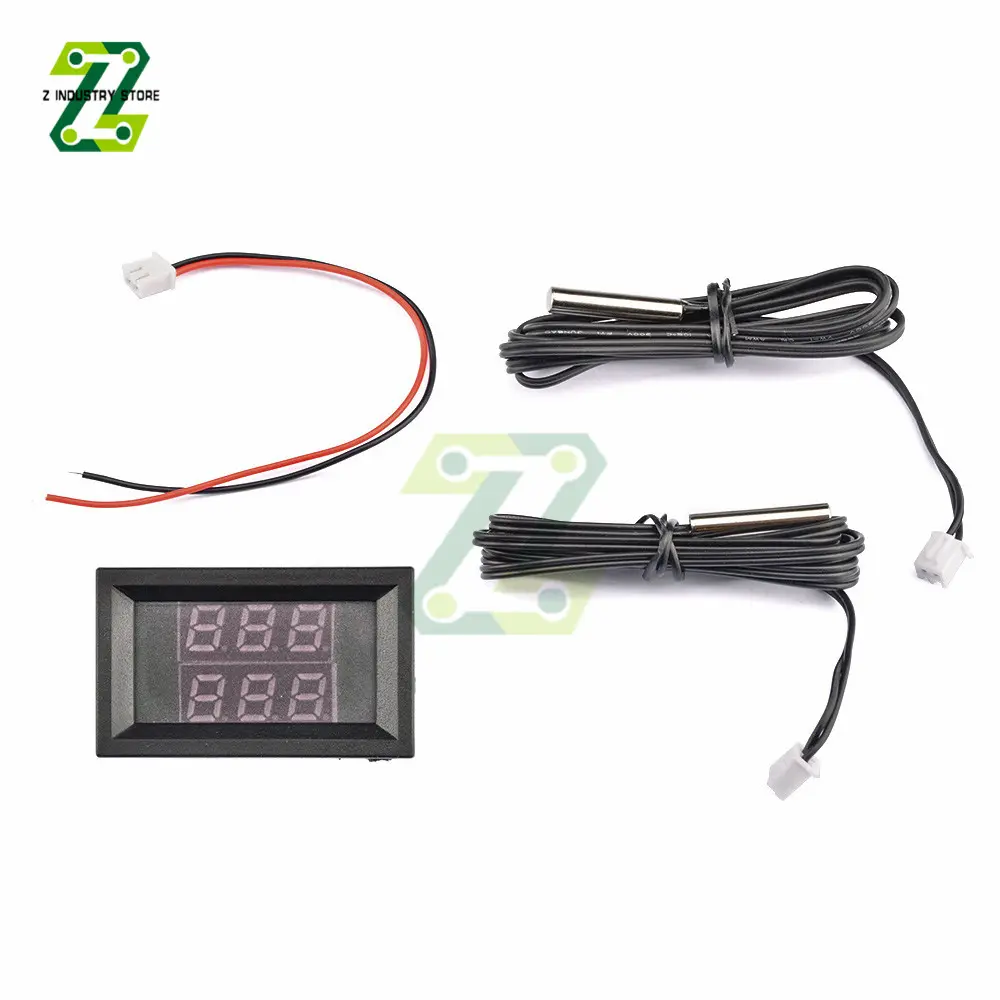 DC 4-28V LED Display Dual Red Blue Digital Temperature Sensor Thermometer With NTC Dual Probe Cable