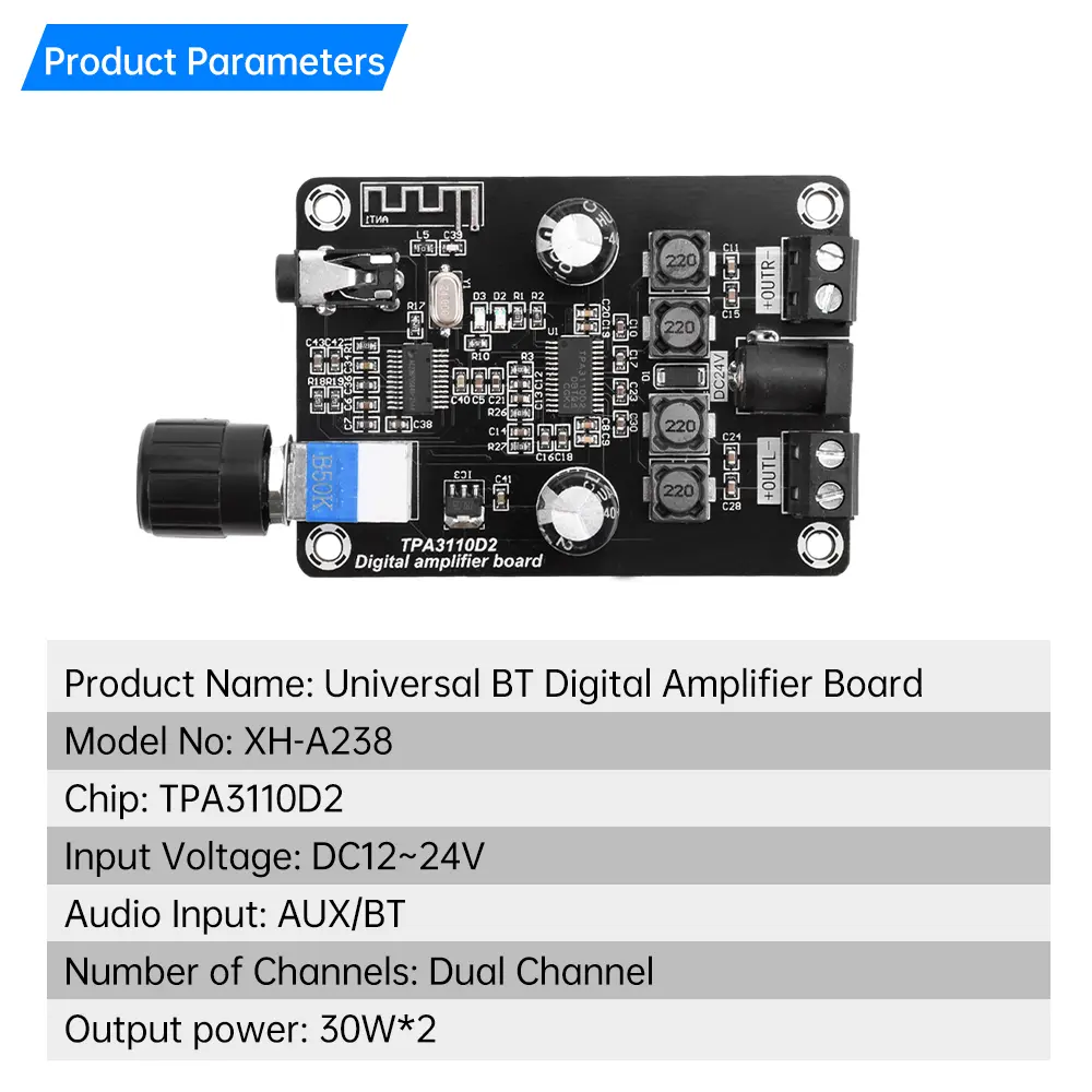 XH-A238 DC12-24V Universal BT Digital Amplifier Board TPA3110D2 Audio Amplifier Dual Channel 30W+30W
