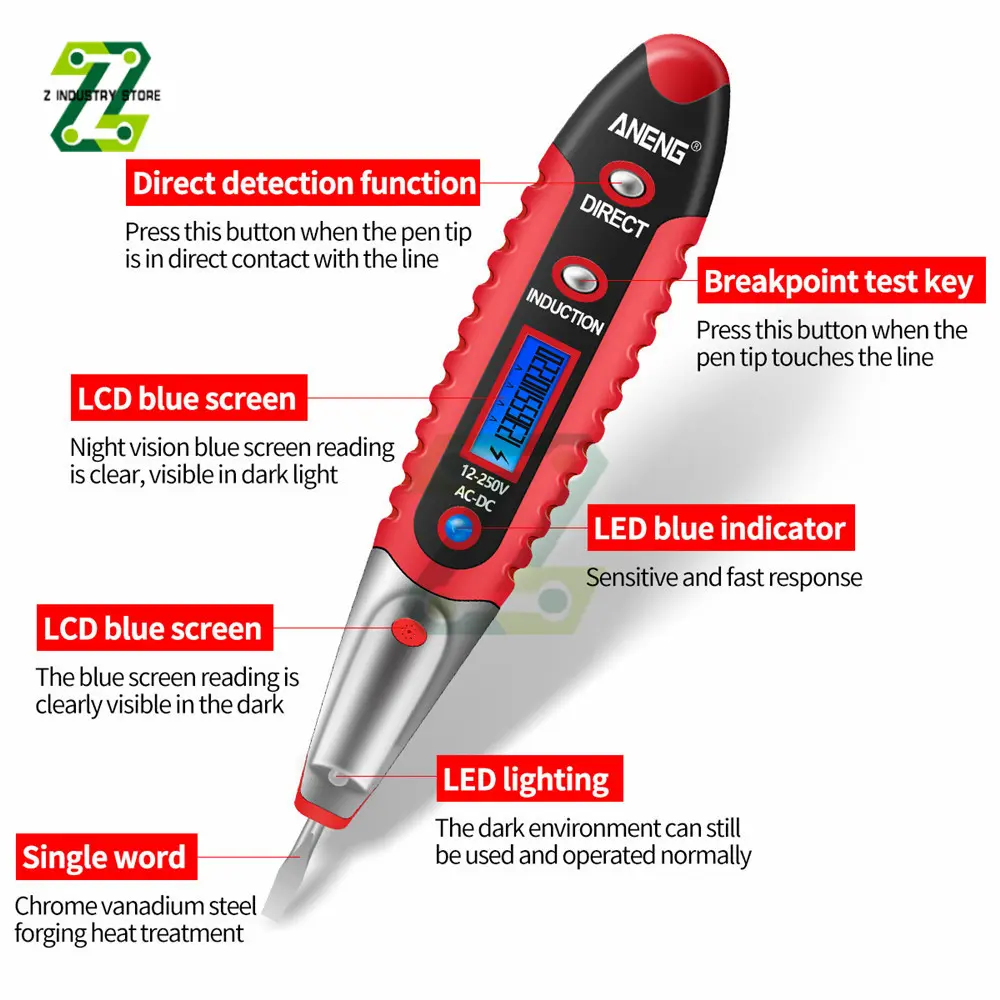 AC DC 12-250V LCD Digital Display Voltage Test Pen Electrician Electroscope Non-contact Safety Test Screwdriver Pen