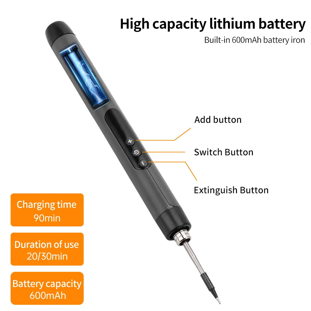 Portable Wireless Household Usb Soldering Iron Kit Type-c Interface 600mAh 260-420℃ 3-gear Adjustable Temperature