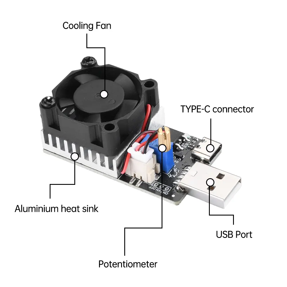 DC 3.7-20V 25W 3A Electronic Load Tester Electronic Load Aging Discharge Module Battery Aging Tester with Cooling Fan USB Type-C