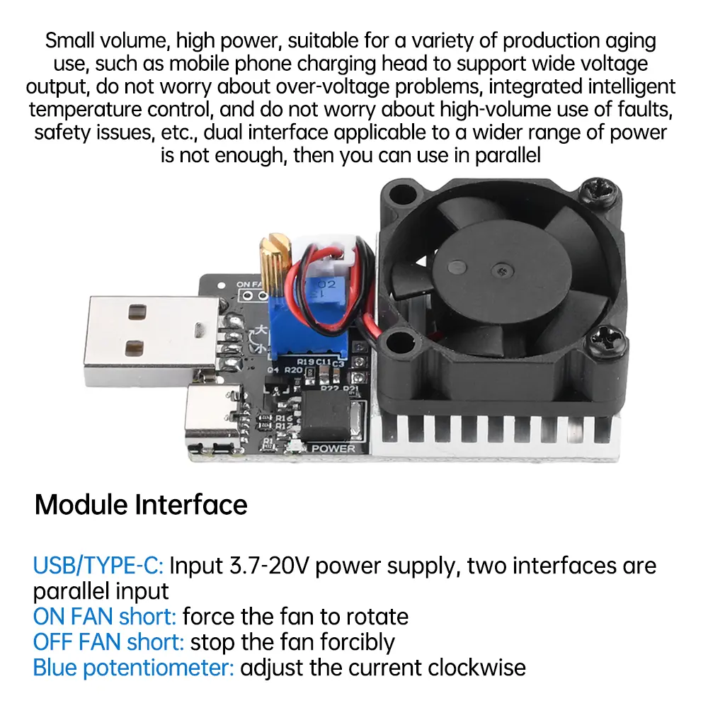DC 3.7-20V 25W 3A Electronic Load Tester Electronic Load Aging Discharge Module Battery Aging Tester with Cooling Fan USB Type-C