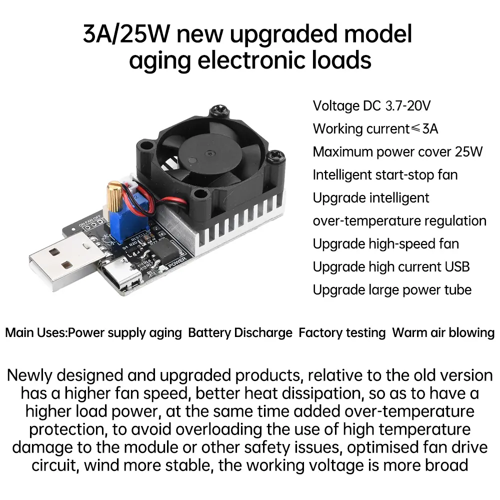 DC 3.7-20V 25W 3A Electronic Load Tester Electronic Load Aging Discharge Module Battery Aging Tester with Cooling Fan USB Type-C