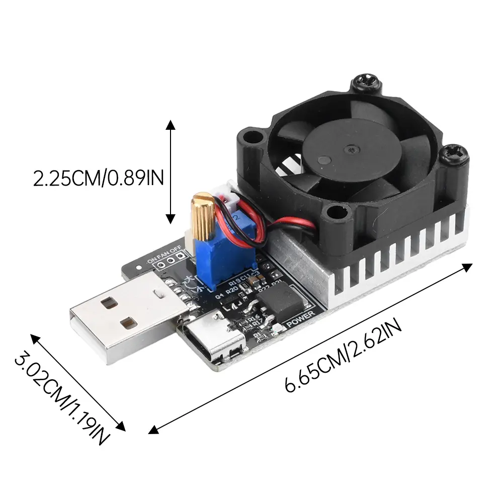 DC 3.7-20V 25W 3A Electronic Load Tester Electronic Load Aging Discharge Module Battery Aging Tester with Cooling Fan USB Type-C