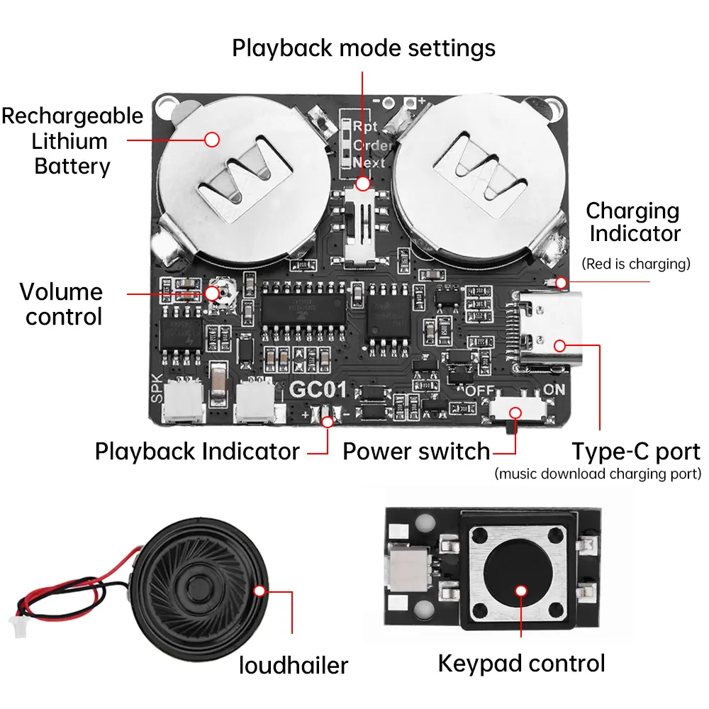 DIY Music Greeting Card Recordable Sound Module Button Control Music Voice Player Programmable Board 8M Memory TYPE-C