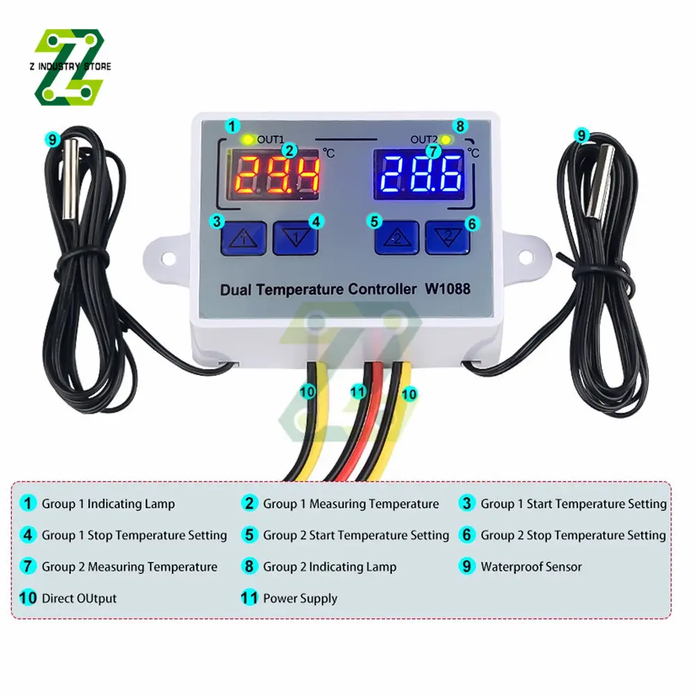 W1088 Dual LED Digital Temperature Sensor Meter Controller Thermostat 12V 24V 220V Aquarium Incubator Thermoregulator