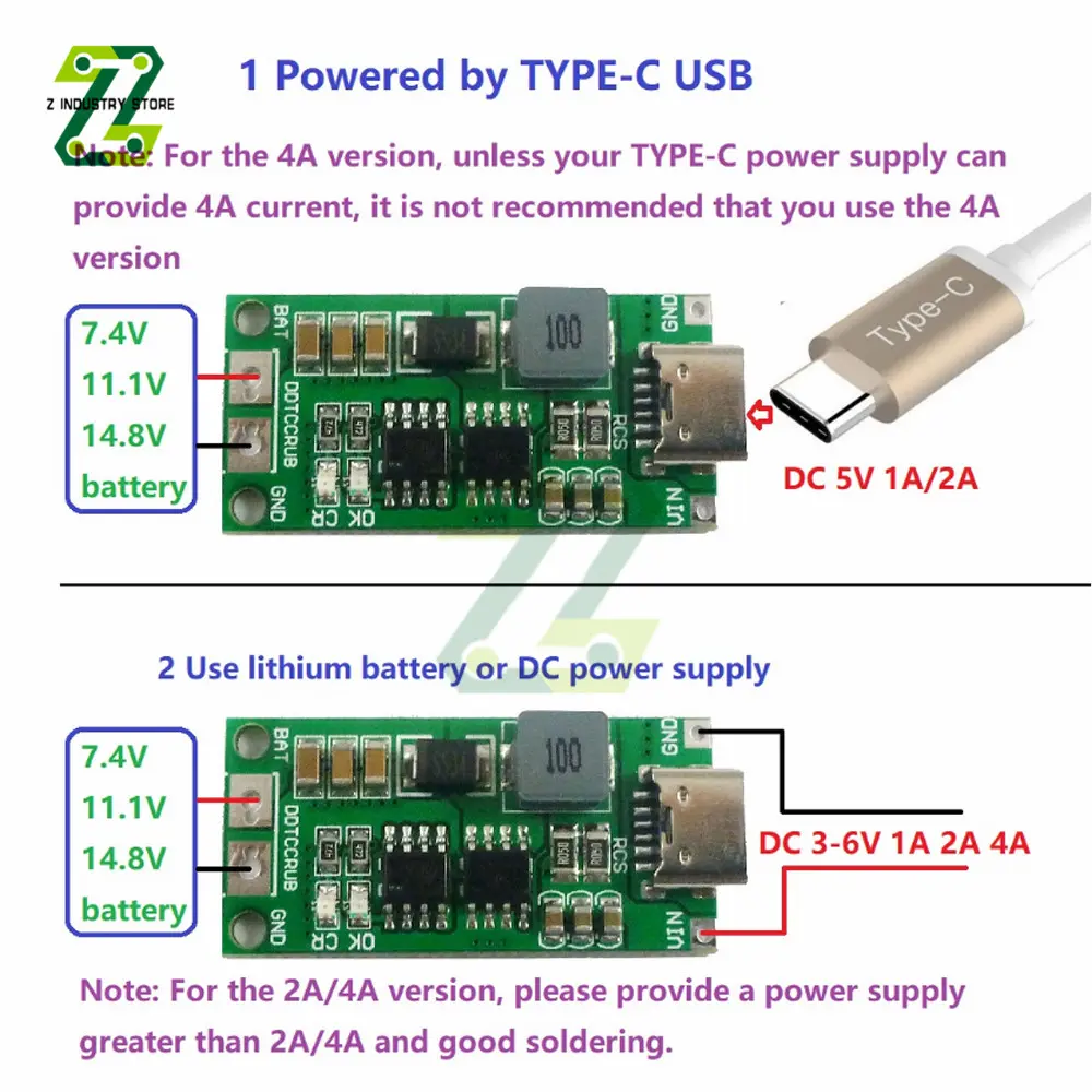 Type C BMS 2S 3S 4S 1A 2A 4A 18650 21700 3.7V Lithium Battery Charge Board Step-Up Boost Li-Po Polymer USB C To 8.4V 12.6V 16.8V